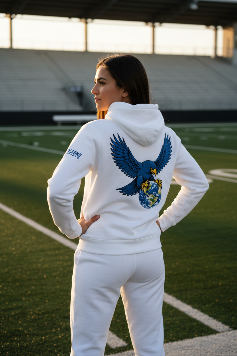 Falcons Sports Soccer Hoodie - Female athlete on football field